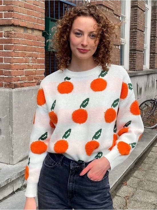 Cider Sweaters - Cider Orange Fruit Sweater Cream Fuzzy Knit Small Coastal Cottagecore